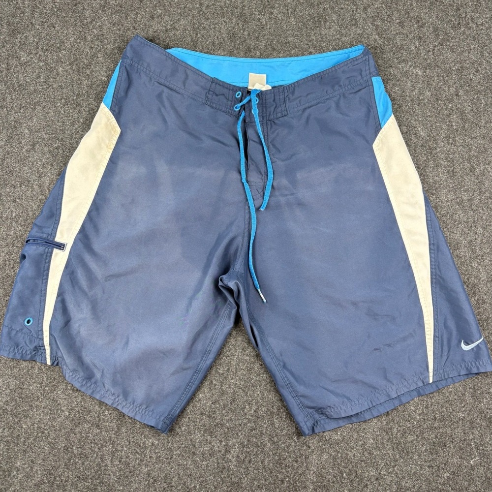 Y2K Nike Men Board Shorts Navy Blue Colorblock Swim Trunks Size 34 Pocket Swoosh